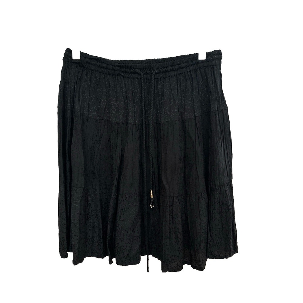 VTG Bohemian Size Large Flare Mini Skirt Black‎ Ruffled Embroidered Gypset